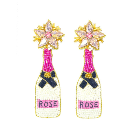Rose Champagne Bottle Earrings - Pink and White