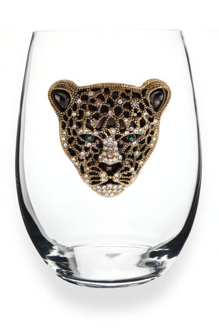 Gold and Black Leopard Jeweled Stemless Wine Glass