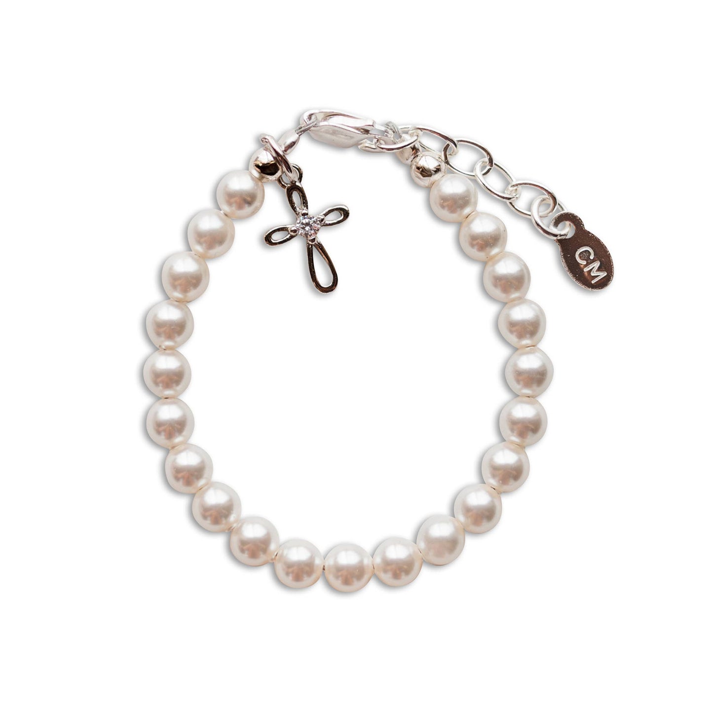 Kids Sterling Silver Pearl Baby Girl Baptism Cross Bracelet