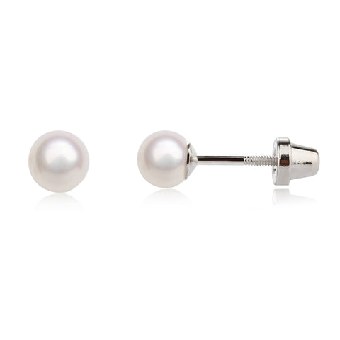 Sterling Silver Screw-Back White Pearl Earrings for Children