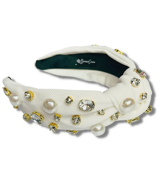 White Twill Headband with Large Pearls and Crystals
