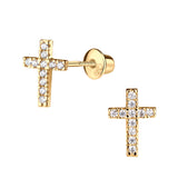 14K Gold-Plated Cross CZ Earrings Baptism or Communion Gift